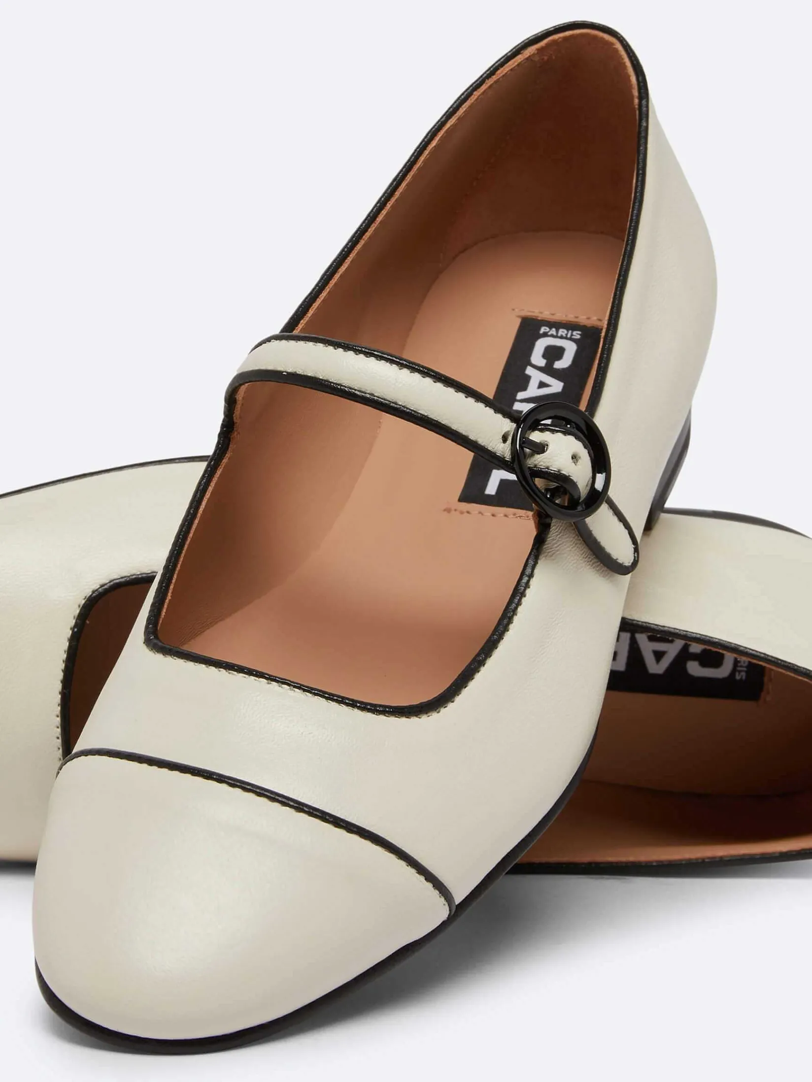 Beige Leather Black Piping Mary Janes-Carel Flash Sale
