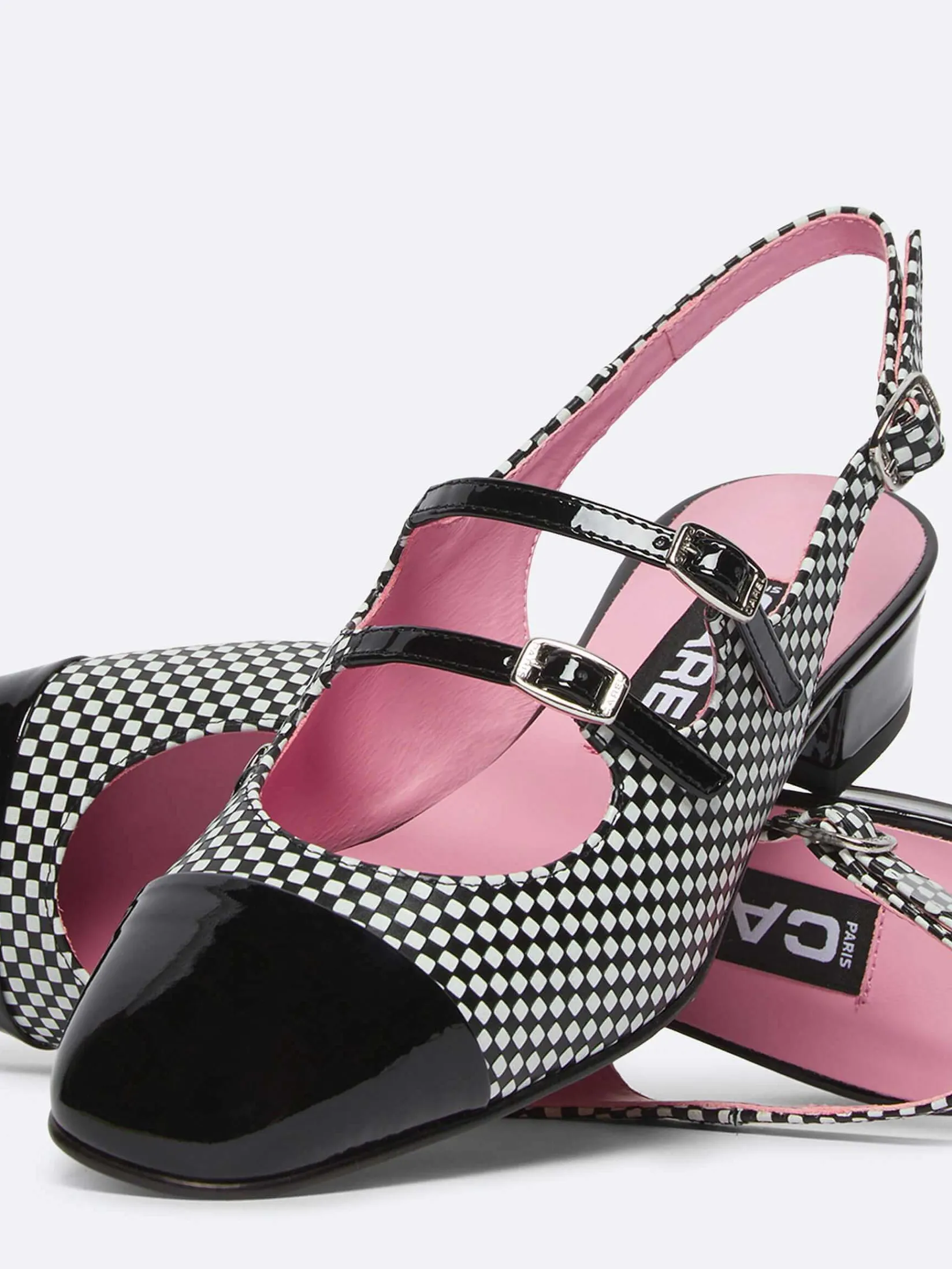 Black And White Upcycled Leather And Patent Leather Slingback Mary Janes-Carel New