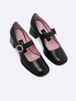 Black Leather Mary Janes Pumps-Carel Discount