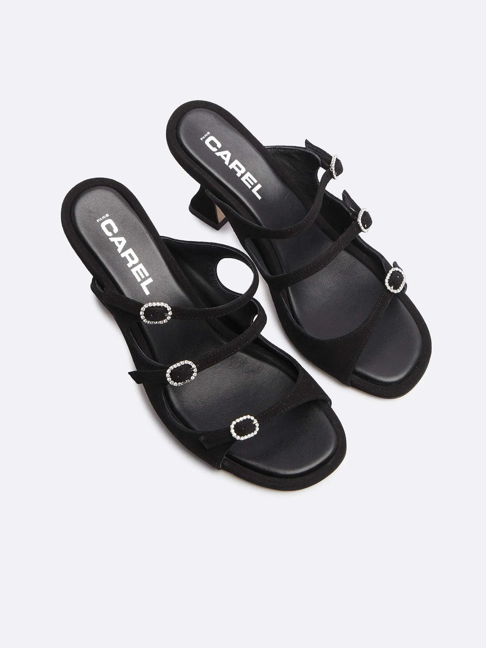 Black Suede Leather And Strass Buckles Mules-Carel Sale