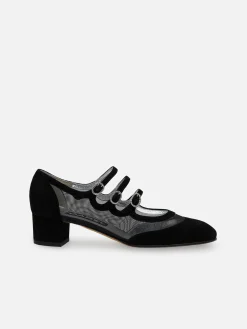 Black Suede Leather Mesh And Strass Buckles Mary Janes Pumps-Carel Fashion