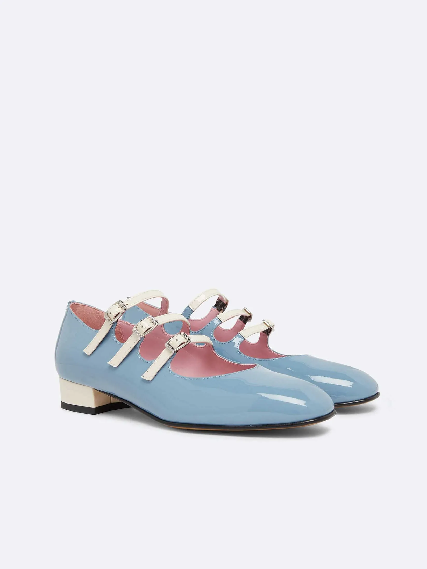 Blue And Ivory Upcycled Patent Leather Mary Janes Ballet Flats-Carel Online