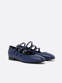 Blue Navy Leather Mary Janes Ballet Flats-Carel Outlet