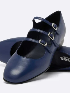 Blue Navy Leather Mary Janes Ballet Flats-Carel Outlet