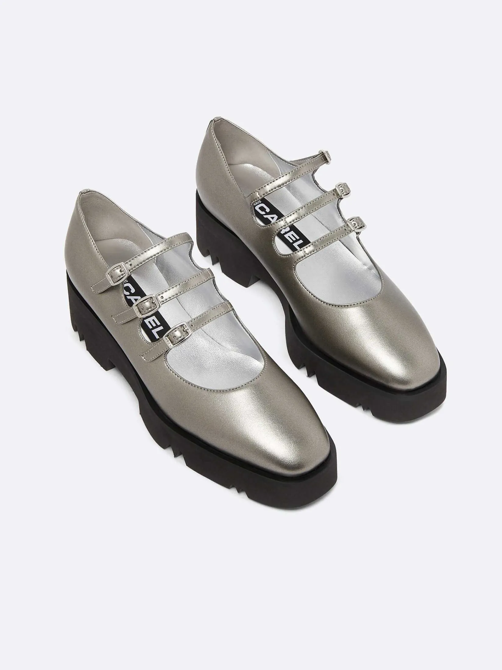Dark Silver Appleskin With Black Rubber Sole Mary Janes-Carel Sale