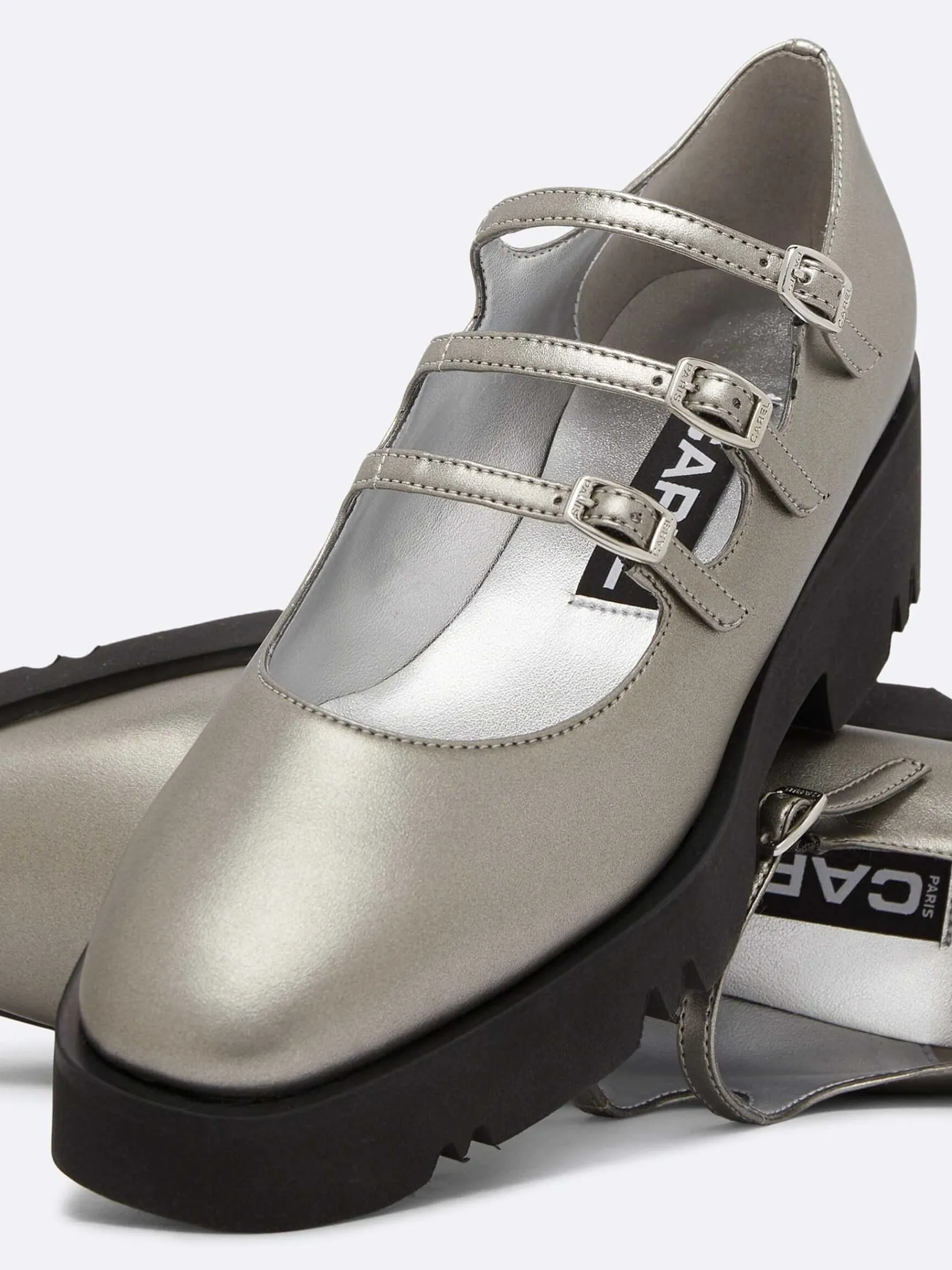 Dark Silver Appleskin With Black Rubber Sole Mary Janes-Carel Sale