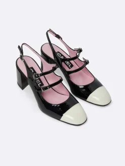 Ivory And Black Patent Leather Slingback Mary Janes-Carel Hot