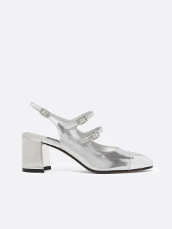 Silver Embossed Leather Slingback Mary Janes-Carel Fashion