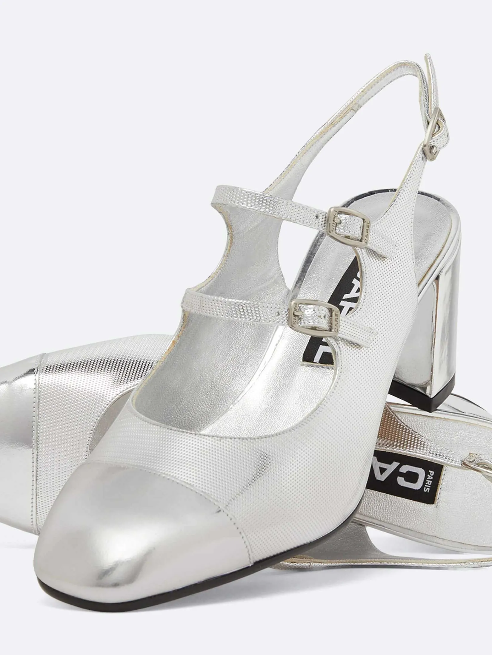 Silver Embossed Leather Slingback Mary Janes-Carel Fashion