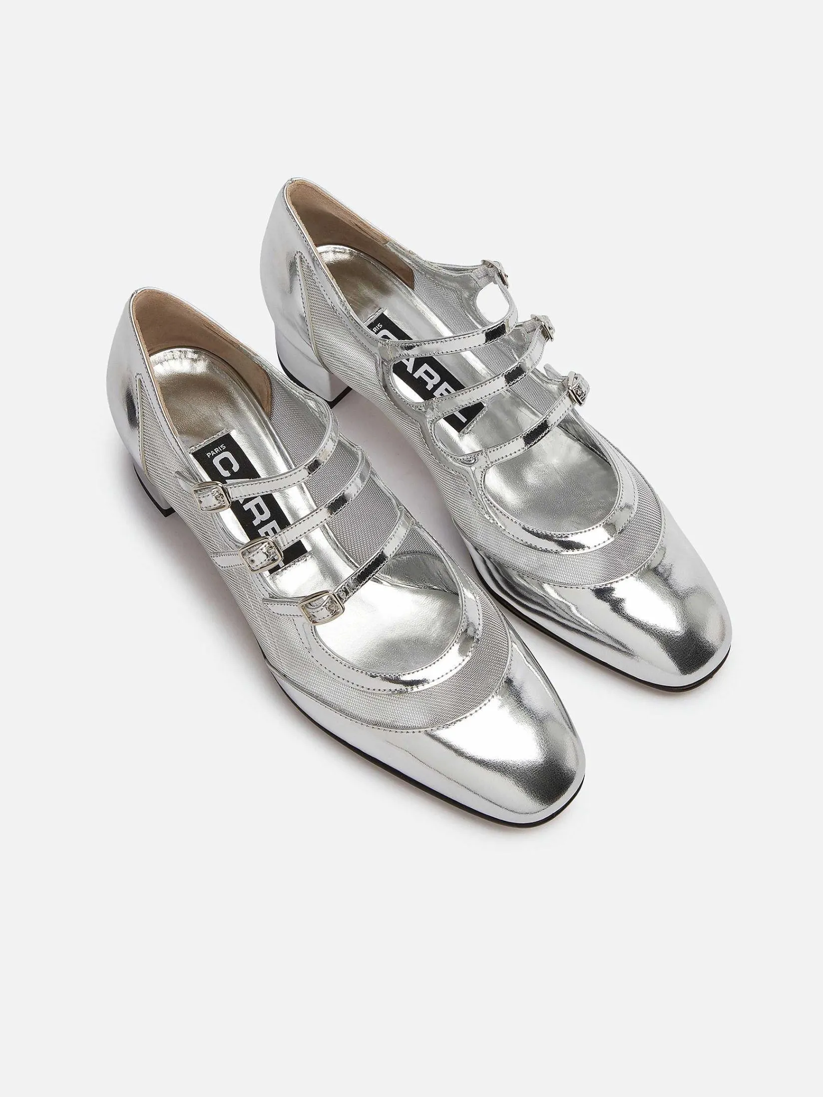 Silver Patent Leather And Mesh Mary Janes Pumps-Carel New