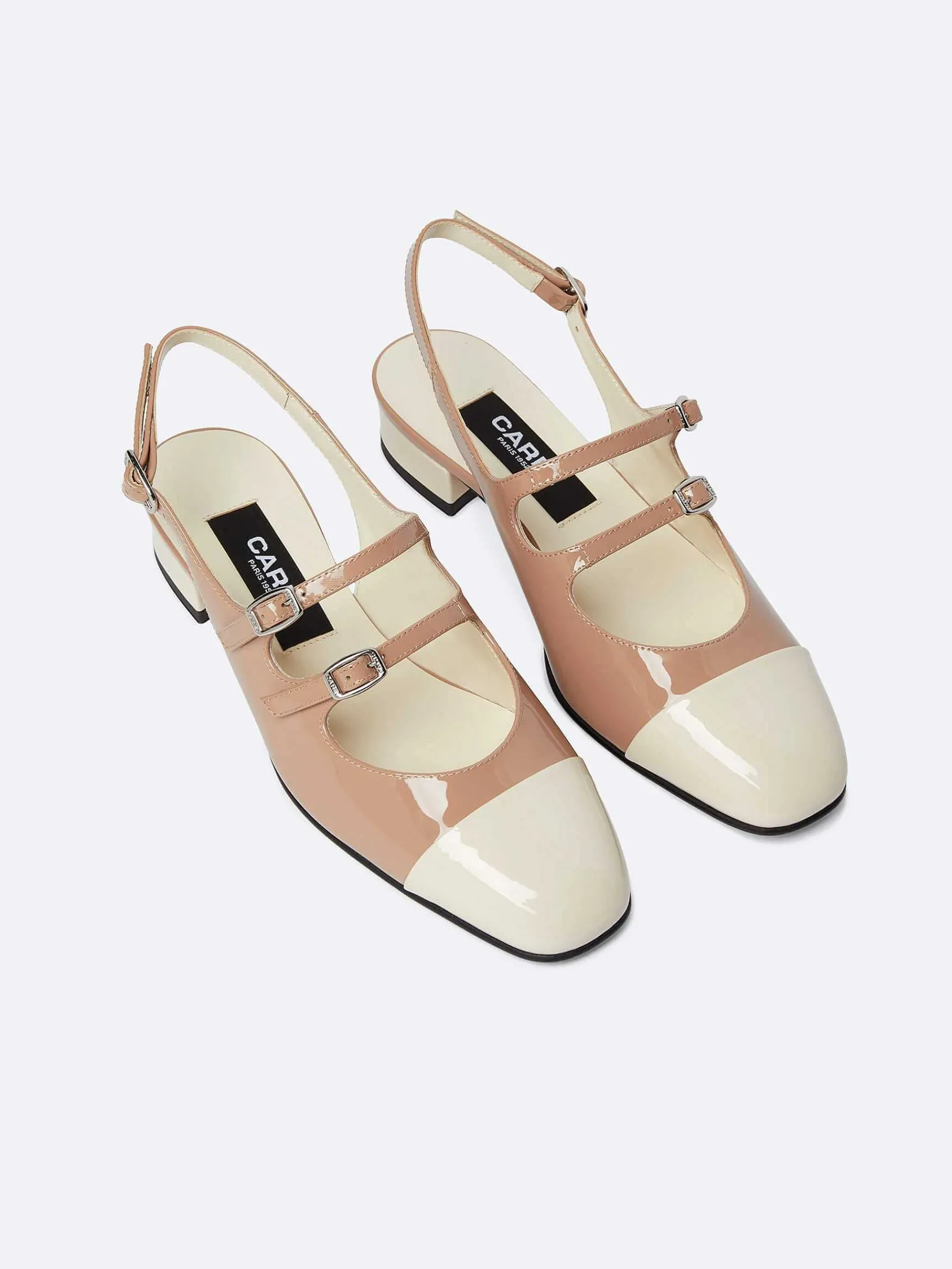 Taupe And Ivory Upcycled Patent Leather Slingback Mary Janes-Carel Fashion